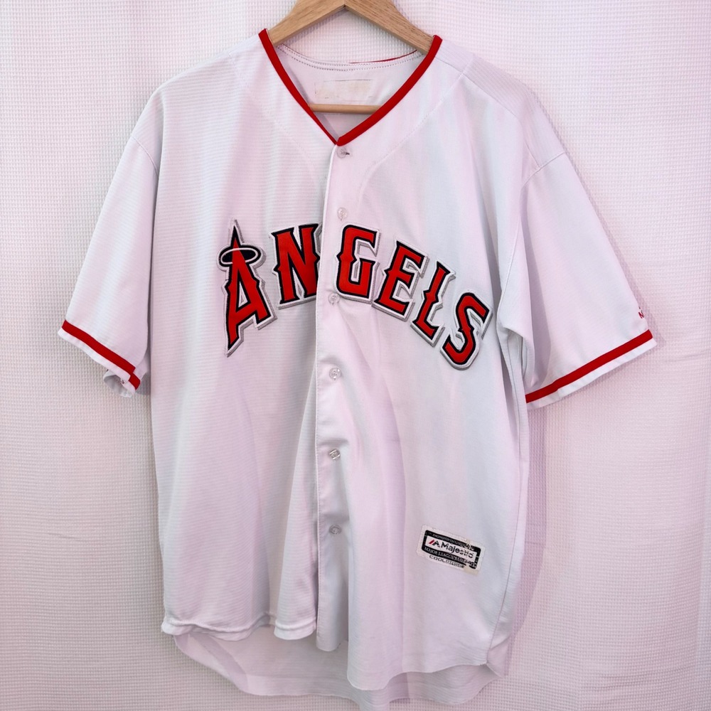 Majestic Mike Trout 27 Los Angeles Angels Jersey White Cool Base Mens L FLAWS